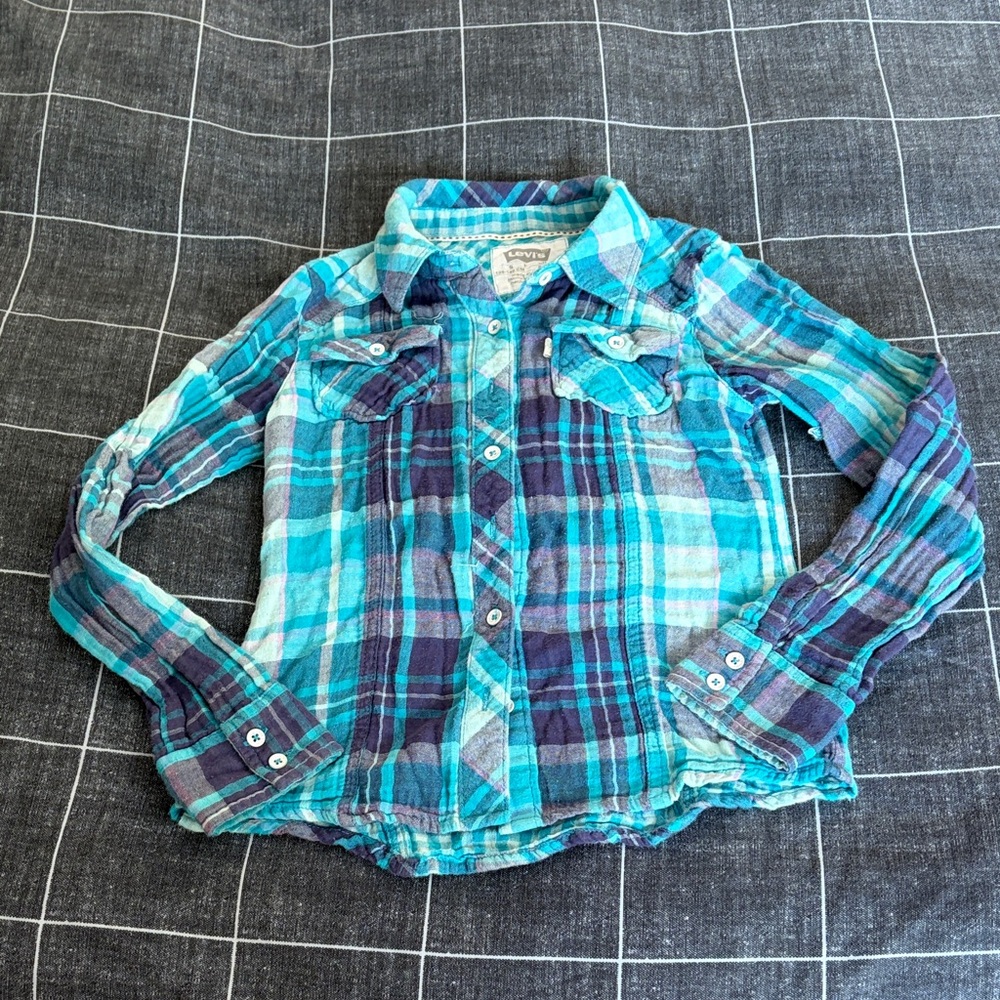 Levi's Girls Teal & Navy Plaid Button-Down Shirt